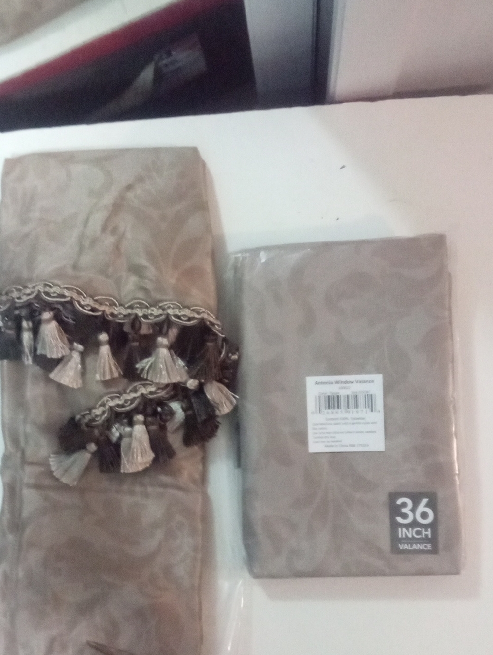 Taupe Damask Valance with Tassel Trim - 36" X 52" Antonia 2 Packages NWT $87.82